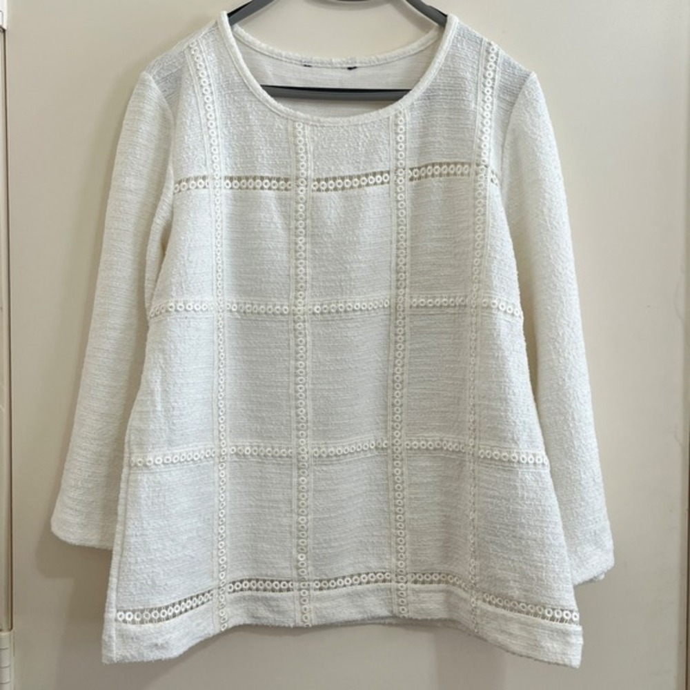 Large‎ White Textured Top Eyelet Trim Boho Peasant Tunic Romantic Cottage Resort